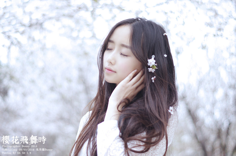 樱花飞舞下长发美女清纯图  第18张